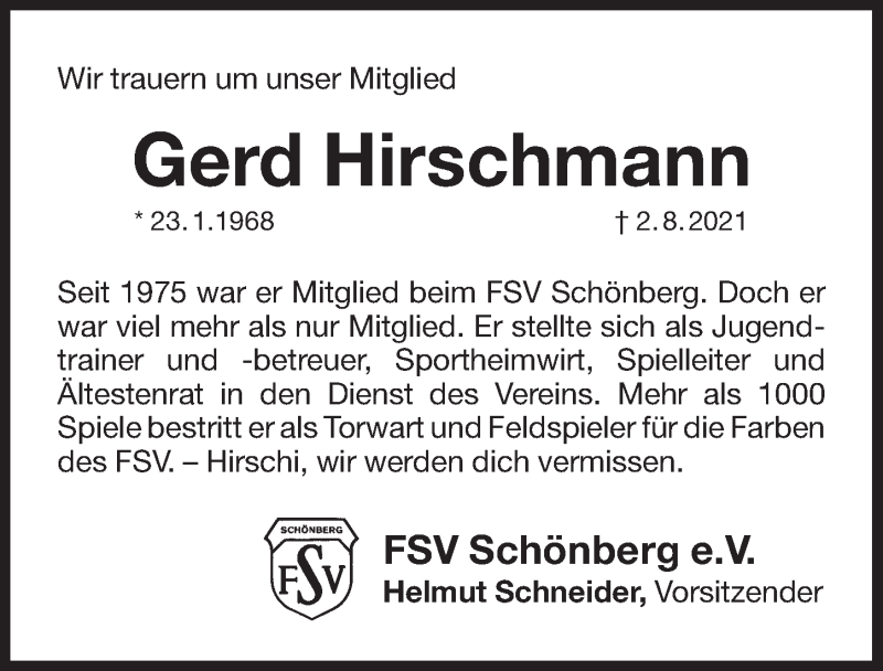  Traueranzeige für Gerd Hirschmann vom 07.08.2021 aus Pegnitz-Zeitung