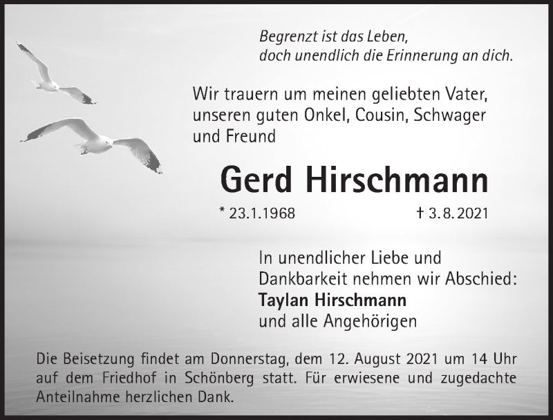  Traueranzeige für Gerd Hirschmann vom 07.08.2021 aus Pegnitz-Zeitung