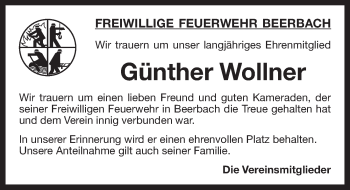 Traueranzeige von Günther Wollner von Pegnitz-Zeitung