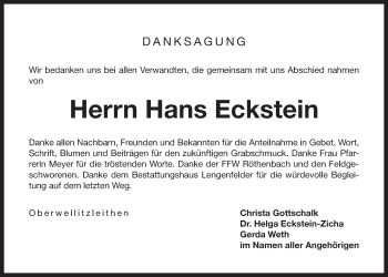 Traueranzeige von Hans Eckstein von Der Bote