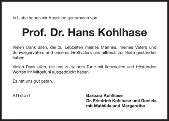Traueranzeige von Hans Kohlhase von Der Bote
