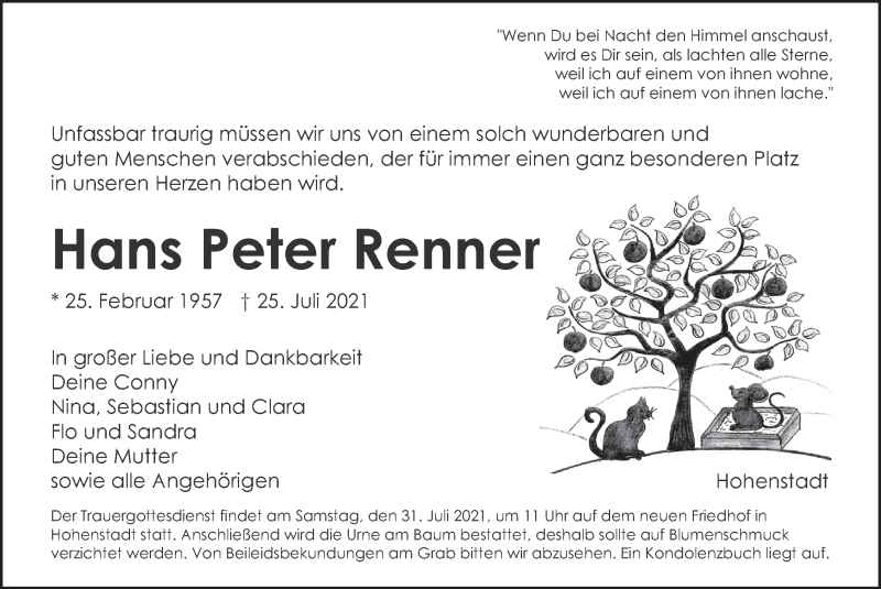  Traueranzeige für Hans Peter Renner vom 09.08.2021 aus Hersbrucker Zeitung