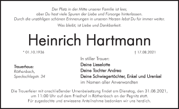 Traueranzeige von Heinrich Hartmann von Pegnitz-Zeitung