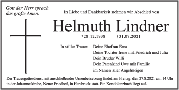 Traueranzeige von Helmuth Lindner von Hersbrucker Zeitung