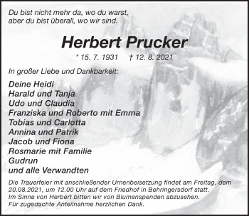 Traueranzeige von Herbert Prucker von Pegnitz-Zeitung