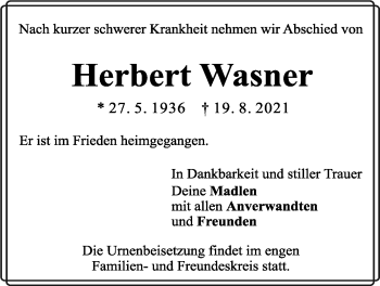 Traueranzeige von Herbert Wasner von Der Bote