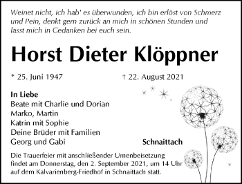 Traueranzeige von Horst Dieter Klöppner von Pegnitz-Zeitung