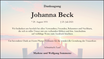 Traueranzeige von Johanna Beck von Pegnitz-Zeitung