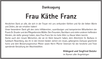 Traueranzeige von Käthe Franz von Pegnitz-Zeitung