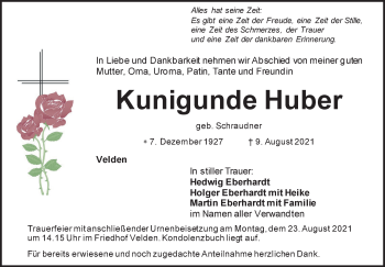 Traueranzeige von Kunigunde Huber von Hersbrucker Zeitung