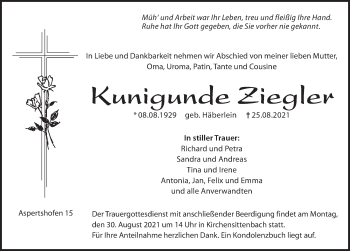 Traueranzeige von Kunigunde Ziegler von Hersbrucker Zeitung
