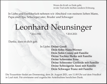 Traueranzeige von Leonhard Neunsinger von Pegnitz-Zeitung