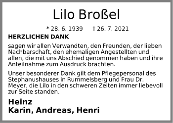 Traueranzeige von Lilo Broßel von Der Bote