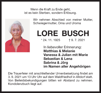 Traueranzeige von Lore Busch von Der Bote