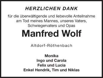 Traueranzeige von Manfred Wolf von Der Bote