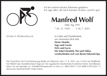 Traueranzeige von Manfred Wolf von Der Bote