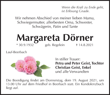 Traueranzeige von Margareta Dörner von Pegnitz-Zeitung