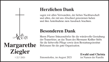 Traueranzeige von Margarethe Ziegler von Pegnitz-Zeitung