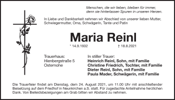 Traueranzeige von Maria Reinl von Pegnitz-Zeitung