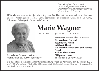 Traueranzeige von Marie Wagner von Pegnitz-Zeitung