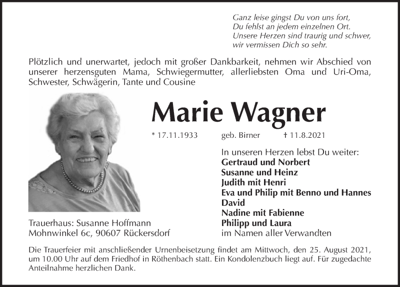  Traueranzeige für Marie Wagner vom 21.08.2021 aus Pegnitz-Zeitung