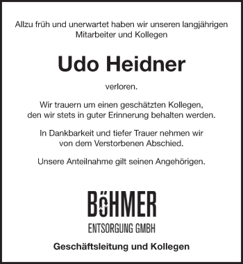Traueranzeige von Udo Heidner von Pegnitz-Zeitung