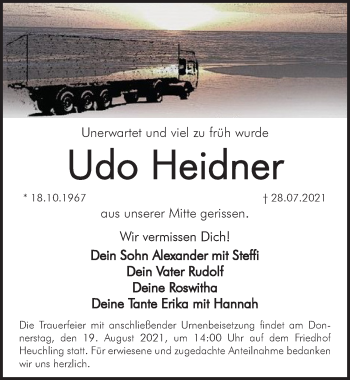 Traueranzeige von Udo Heidner von Pegnitz-Zeitung