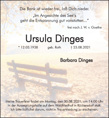 Traueranzeige von Ursula Dinges von Pegnitz-Zeitung