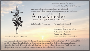 Traueranzeige von Anna Giesler von Hersbrucker Zeitung