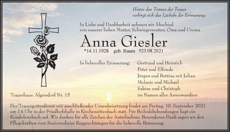  Traueranzeige für Anna Giesler vom 08.09.2021 aus Hersbrucker Zeitung