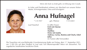 Traueranzeige von Anna Hufnagel von Pegnitz-Zeitung