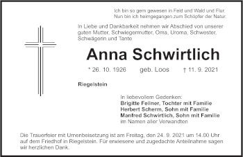 Traueranzeige von Anna Schwirtlich von Pegnitz-Zeitung