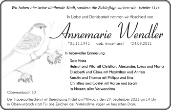 Traueranzeige von Annemarie Wendler von Hersbrucker Zeitung