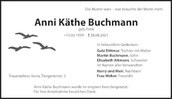 Traueranzeige von Anni Käthe Buchmann von Hersbrucker Zeitung