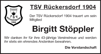 Traueranzeige von Birgitt Stöppler von Pegnitz-Zeitung