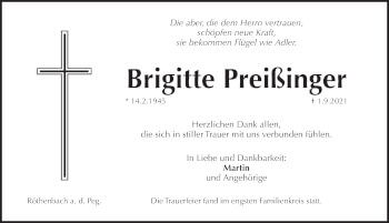 Traueranzeige von Brigitte Preißinger von Pegnitz-Zeitung