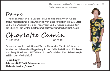 Traueranzeige von Charlotte Camin von Pegnitz-Zeitung
