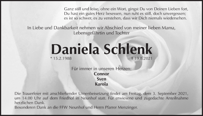  Traueranzeige für Daniela Schlenk vom 01.09.2021 aus Pegnitz-Zeitung