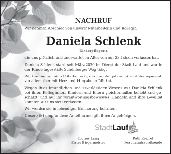 Traueranzeige von Daniela Schlenk von Pegnitz-Zeitung