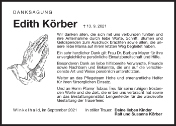 Traueranzeige von Edith Körber von Der Bote
