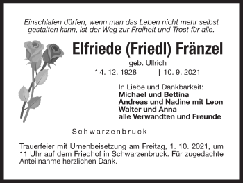 Traueranzeige von Elfriede Fränzel von Der Bote