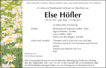 Traueranzeige von Else Höfler von Hersbrucker Zeitung