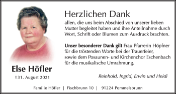 Traueranzeige von Else Höfler von Hersbrucker Zeitung