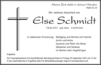 Traueranzeige von Else Schmidt von Hersbrucker Zeitung