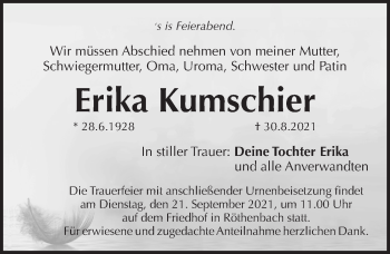 Traueranzeige von Erika Kumschier von Pegnitz-Zeitung