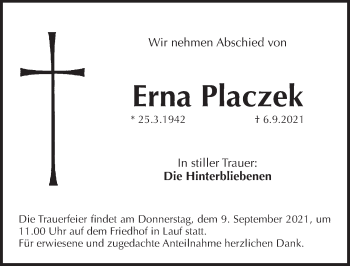 Traueranzeige von Erna Placzek von Pegnitz-Zeitung