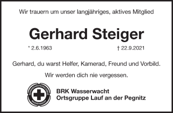 Traueranzeige von Gerhard Steiger von Pegnitz-Zeitung