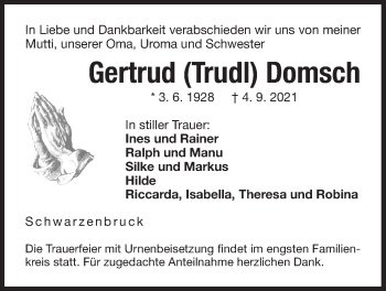 Traueranzeige von Gertrud Domsch von Der Bote