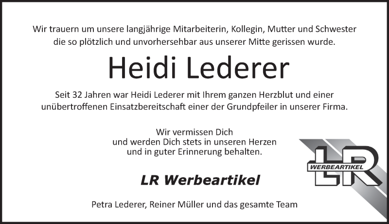  Traueranzeige für Heidi Lederer vom 04.09.2021 aus Hersbrucker Zeitung