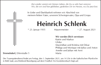Traueranzeige von Heinrich Schlenk von Pegnitz-Zeitung